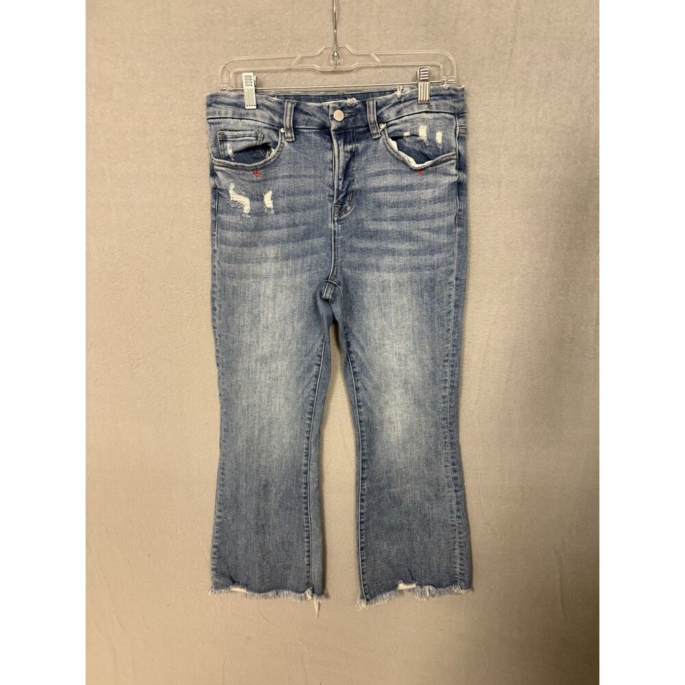 Altar'd State / Mica Denim Cropped Flare Jeans Raw Hem Distressed Heart Size 29
